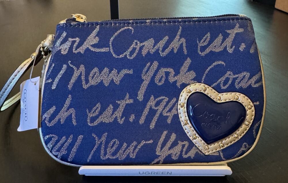 NWT Coach 1941 New York Love Metallic Heart Wristlet In Navy Blue Denim